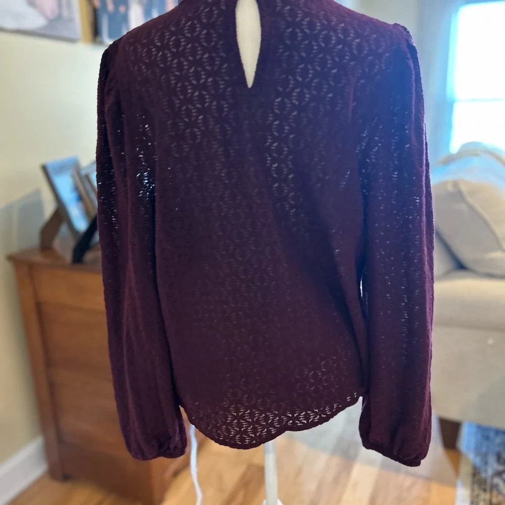 NWT Burgundy Eyelet Mock Neck Blouse Scallop Trim Long Sleeve Top